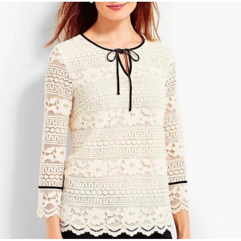 Talbots Ivory Floral Lace V-Neck Tie Blouse Ivory Black Trim Size Large